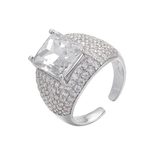 Adjustable silver ring with square clear zircon stone and micro-pave crystals on white background
