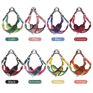 Heavy duty nylon dog harness set in eight vibrant colors with breathable mesh and metal D-ring
