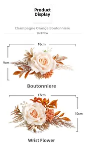 Détail d'une boutonnière et d'un bracelet de fleurs roses orange champagne pour mariage
