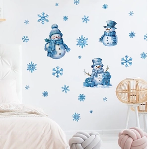 Stickers muraux bonhomme de neige de Noël et flocons bleus pour décoration de salon et chambre