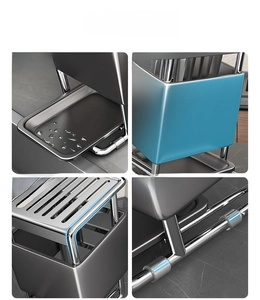 Detail view of drip tray, blade guard, smooth corners, and non-slip pads of kitchen rack