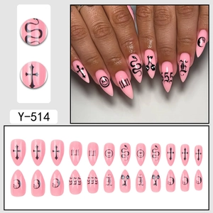 Gothic pink press-on nails with black snake and skull designs, 24-piece full set