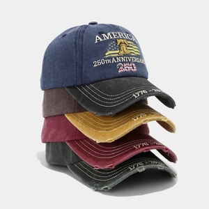 Detailed close-up of retro washed cotton baseball caps with 250th anniversary embroidery