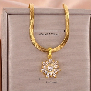 Gold sunflower pendant necklace with zircon crystals on a 45cm snake chain in a jewelry box
