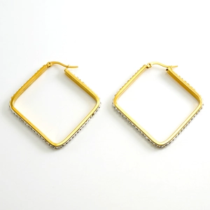 Elegant gold diamond earrings in a geometric square shape with sparkling rhinestones