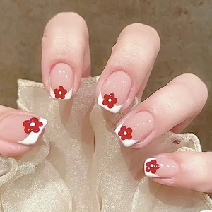 Press On Nails Short Square French Style Artificial Nail Tips White Edge Red Flower Decor Fake Nails For Women