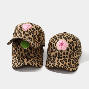 Leopard print baseball cap with embroidered heart and flower patches for women