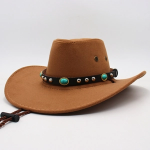 Classico cappello da cowboy western marrone con perle turchesi e sottogola regolabile