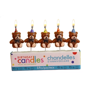 5-piece set of cartoon brown teddy bear birthday candles with colorful party hats