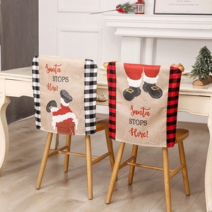 Set of 2 Christmas linen chair covers with Santa chimney motifs and plaid borders