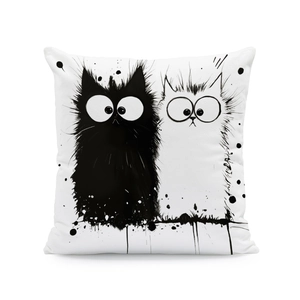 Detail of artistic black and white fluffy cat cushion cover with ink splash texture