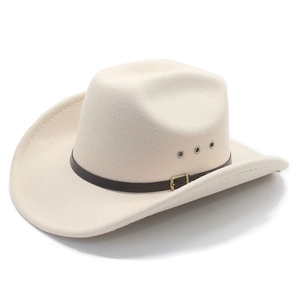 Classic beige wool felt western cowboy hat with brown leather band and metal ventilation holes