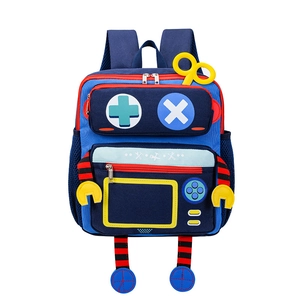 Blue cartoon robot backpack for kids with colorful compartments and playful 3D details