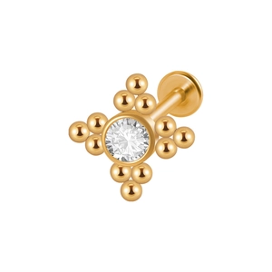 Golden T-shaped labret stud with a central clear diamond and surrounding beads on white background
