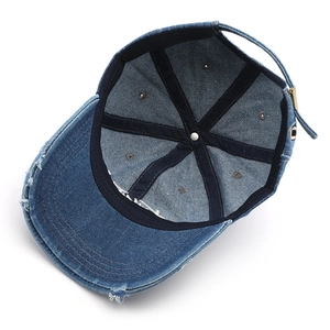 Vintage navy blue washed denim baseball cap with embroidery and adjustable metal buckle