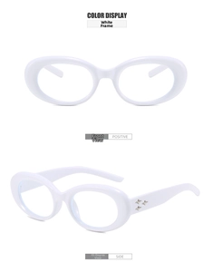 Detail view of white oval frames with triple star metal accents from front and side angles