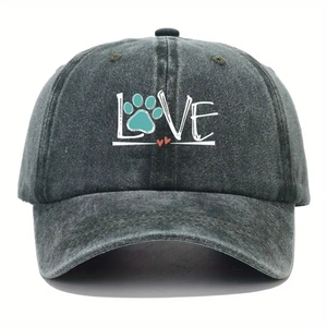 Unisex washed dark grey baseball cap featuring LOVE and teal paw print embroidery