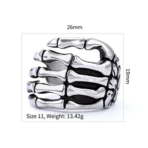 Vintage punk stainless steel skeleton hand ring in antique silver finish with dimensions
