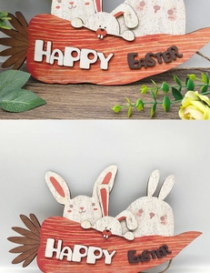 Macro detail of wooden carrot sign with three white bunnies and Happy Easter text