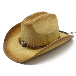 Western straw cowboy hat with silver bull head metal buckle and brown wooden beads