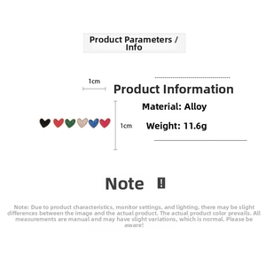 Detailed size and material chart of 12-piece colorful heart-shaped alloy stud earrings