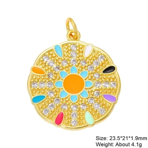 Detail of colorful enamel sunburst pendant with zircon stones and dimensions