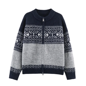 Women's blue and grey jacquard knit cardigan with Fair Isle snowflake pattern and double zip