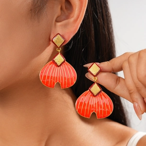 Vintage Fan Shape Drop Earrings Red Enamel Geometric Alloy With 925 Sterling Silver Earring Post Fashion For Women