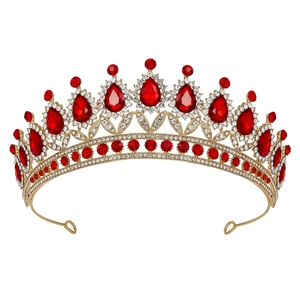 Luxurious gold bridal tiara featuring red teardrop rhinestones and vintage crystal details