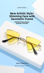 Fashionable triangle metal frame sunglasses with yellow lenses on decorative stones