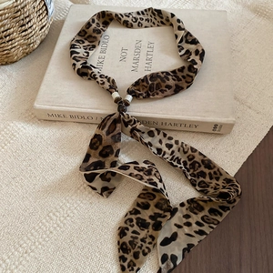 Detail of leopard print chiffon necktie necklace with elegant bead accents on books