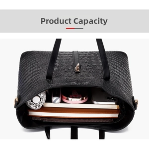 Macro view of black crocodile pattern tote bag showing high capacity for daily essentials