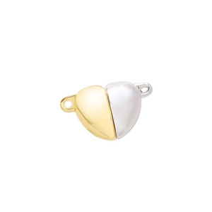 Macro view of two-tone gold and silver heart-shaped magnetic clasp with metal loops