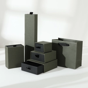 Minimalist moss green jewelry gift box set with matching paper shopping bag