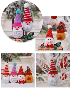 Detailed view of knitted Christmas gnome ornaments featuring Santa, snowman and reindeer