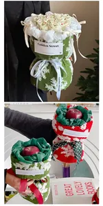 Close-up of DIY Christmas apple gift wrap with lamb wool fabric and knit textures