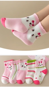 Detailed knit patterns and cute rabbit motifs on colorful cotton socks for children