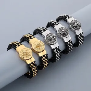 Men's Punk Vintage Wolf Lion Head Magnetic Buckle Stainless Steel Woven Leather Bracelet Hip Hop Animal Bangle Jewelry Gift