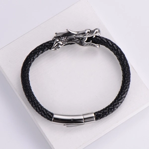 Pulsera de cuero trenzado negro para hombre con cierre de cabeza de dragón en acero inox
