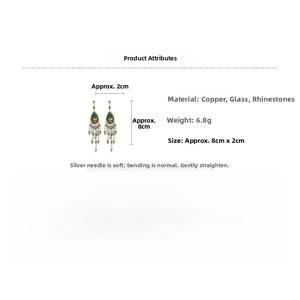 Macro detail of bohemian green crystal teardrop earrings with bead tassels and dimensions