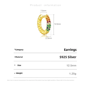 Detailed specs of rainbow zircon S925 silver earring, size 12.5mm x 7.5mm, weight 1.25g