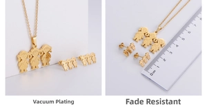 Detailed view of gold plated girl trio pendant set with size measurement scale
