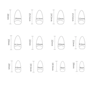 Size chart showing length and width for 12 sizes of almond-shaped press-on nails in mm