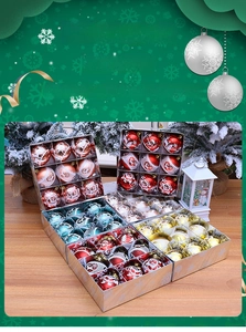 Detailed view of 9 painted Christmas ball ornaments with snowflake and Santa patterns