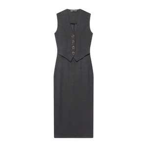 Women's V-neck sleeveless dark grey midi dress with decorative gold buttons on a white background