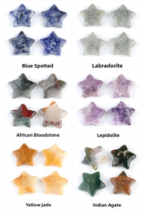Variety of polished 30mm star-shaped natural gemstones like Labradorite and Agate