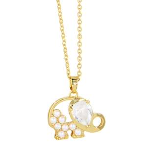 Charming golden elephant necklace with white faux pearls and teardrop zirconia pendant