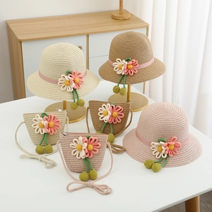 Kids Girls Straw Hat Handbag Sweet Flower Sun Protection Summer Beach Round Top Bucket Hat Outdoor Travel