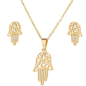 Hamsa Hand Stainless Steel Necklace And Earrings Jewelry For Women Fatima Hand Hollow Out Charm Minimalist Style Accessory