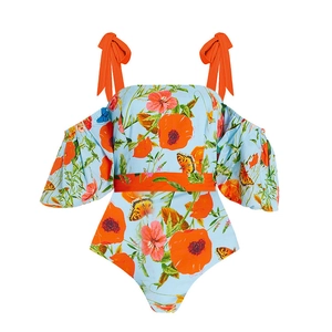 Floral print bandeau bikini with orange puff sleeves and butterfly pattern